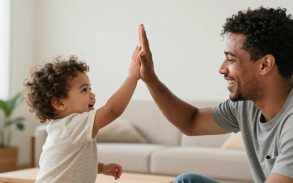 Parent giving praise to a cooperative toddler