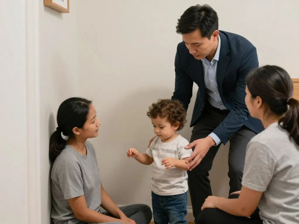 Parent guiding a toddler to a quiet safe area