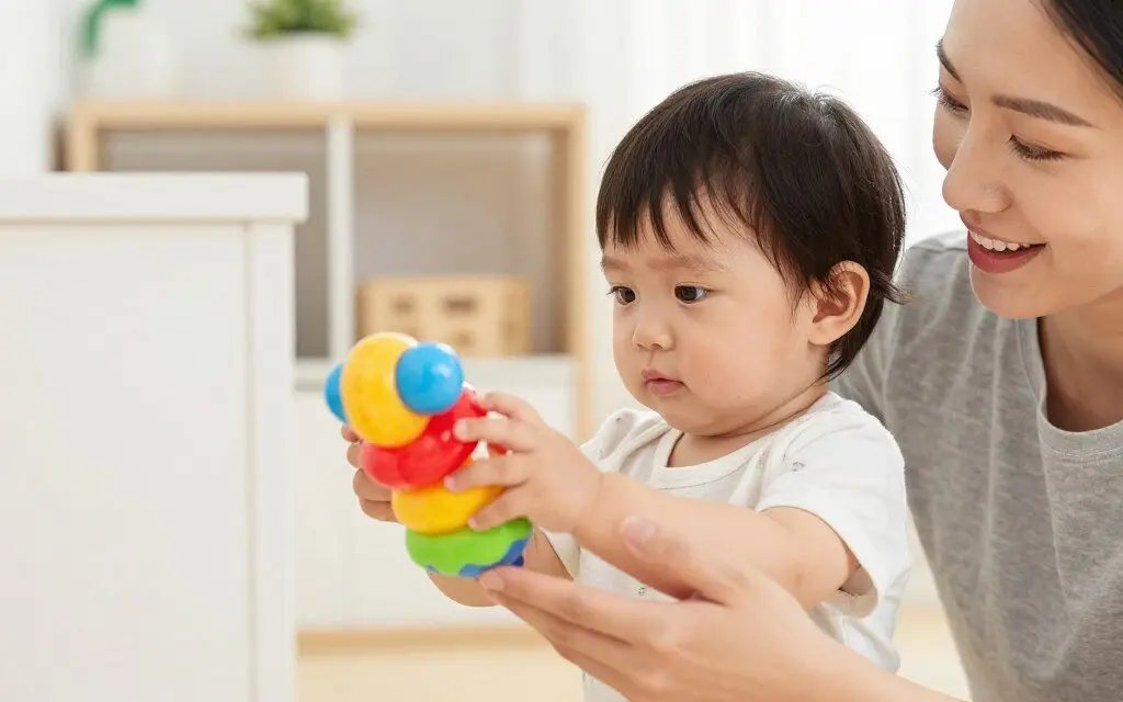 Parent redirecting a toddler toward a safe toy