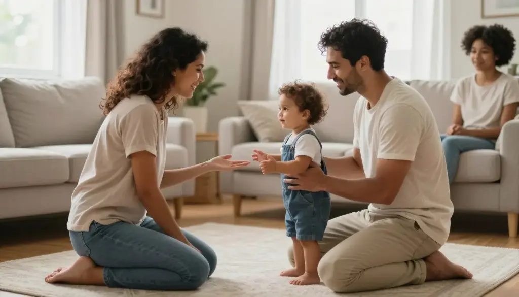 Parent using calm discipline with a toddler