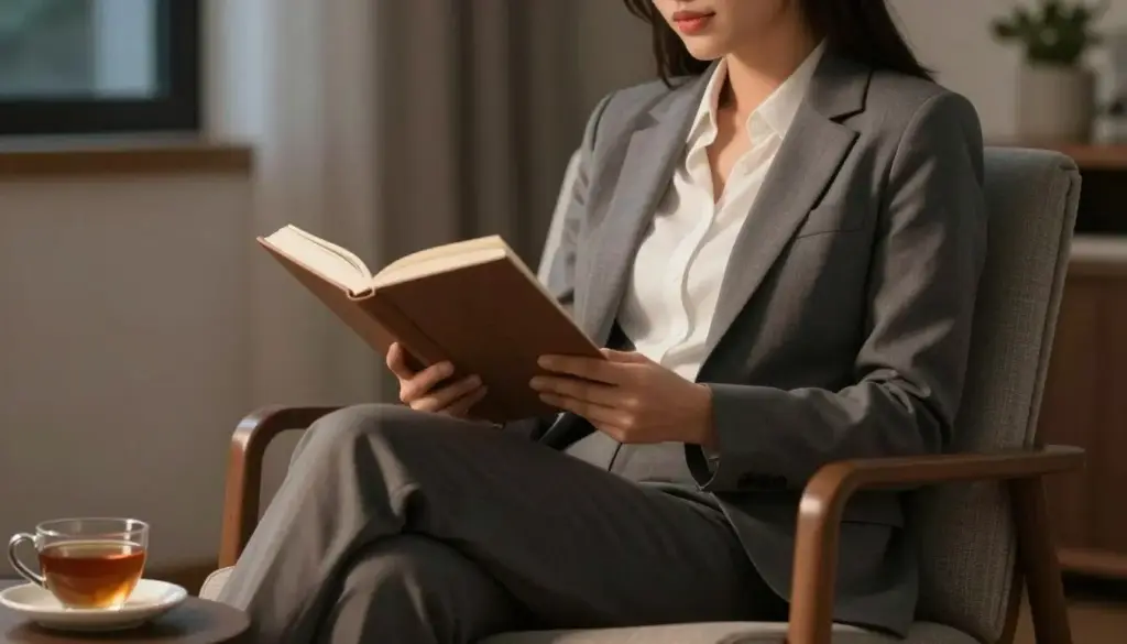 Person enjoying relaxing evening routine with book and tea