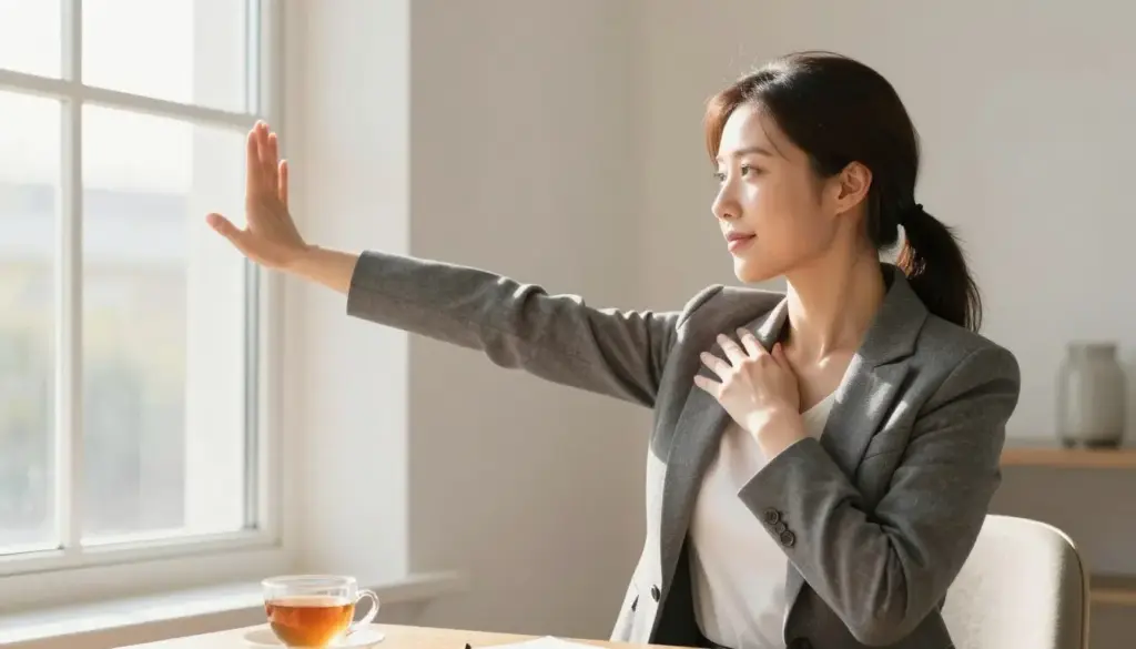Person stretching by window during morning routine