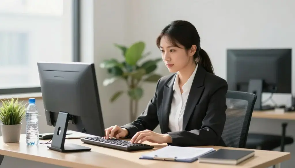 Person working at desk with organized workspace during workday routine