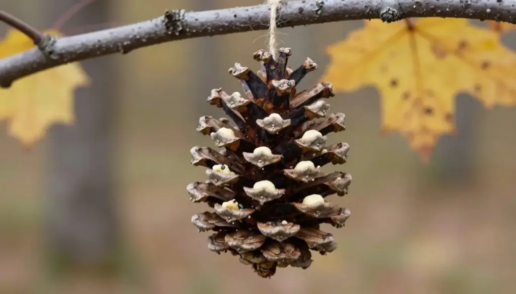 Pine cone bird feeder coated in seeds hanging from an autumn tree branch