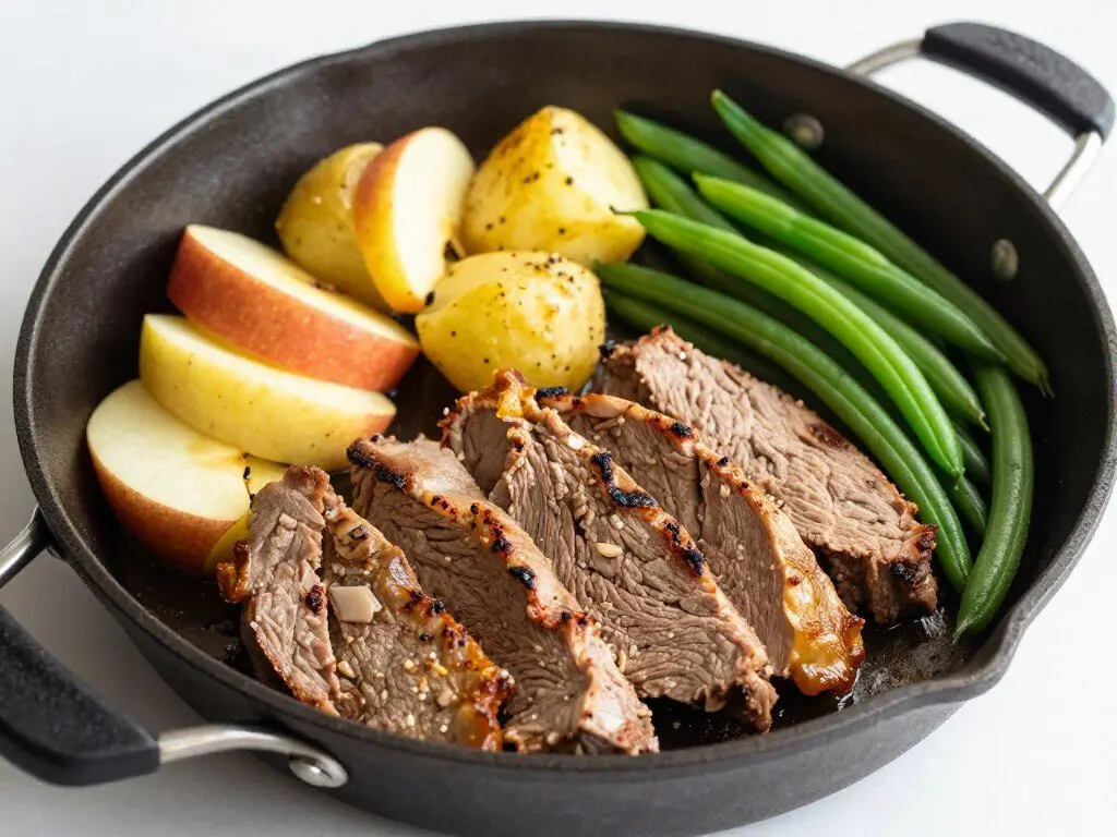 Pork and apple skillet with roasted potatoes and green beans Pork and apple skillet with roasted potatoes and green beans