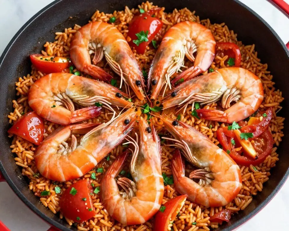 Prawn tomato and rice one pot dinner