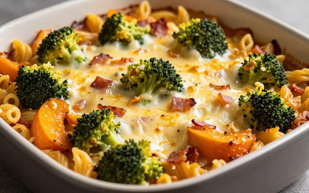 Pumpkin broccoli bacon pasta bake