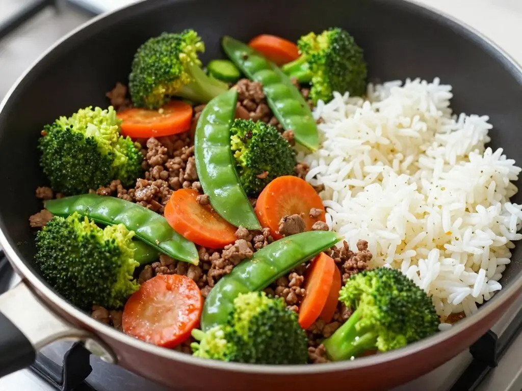 Quick ground beef and vegetable stir-fry with rice Quick ground beef and vegetable stir-fry with rice
