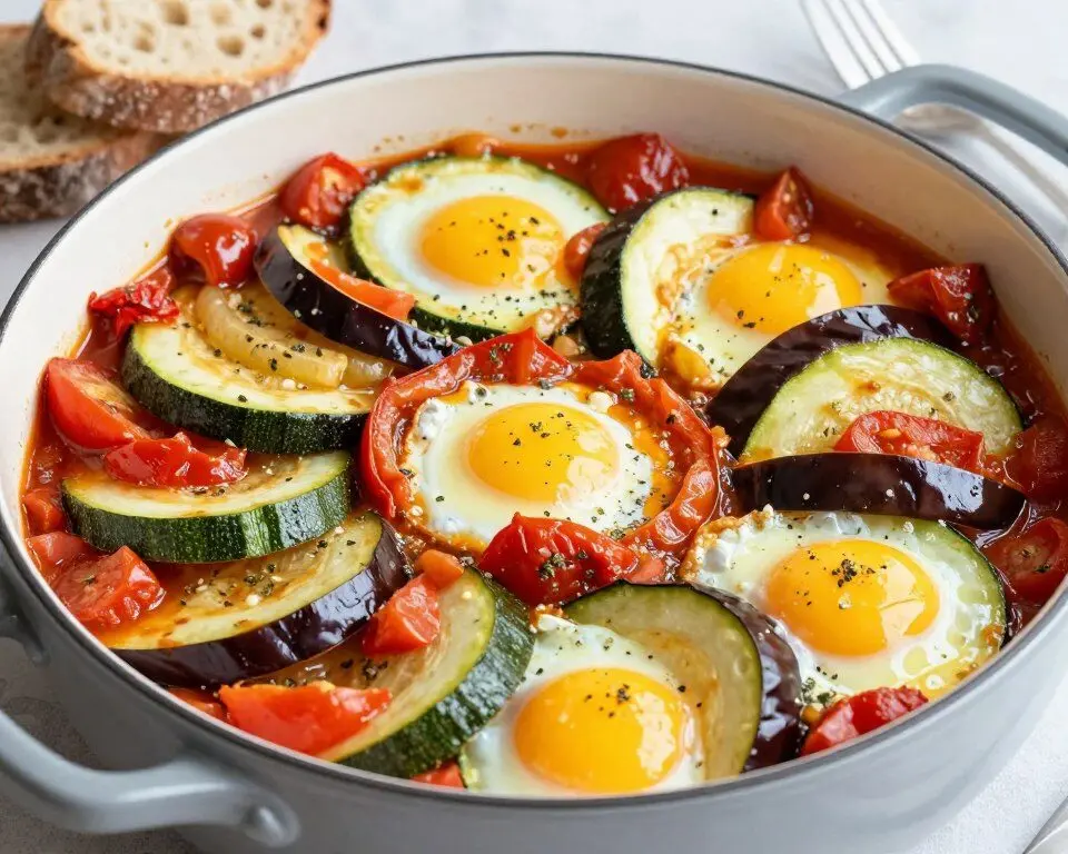 Ratatouille with eggs cooked in one pot
