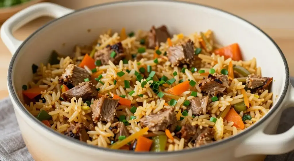 Rice and grains simmering in a large pot
