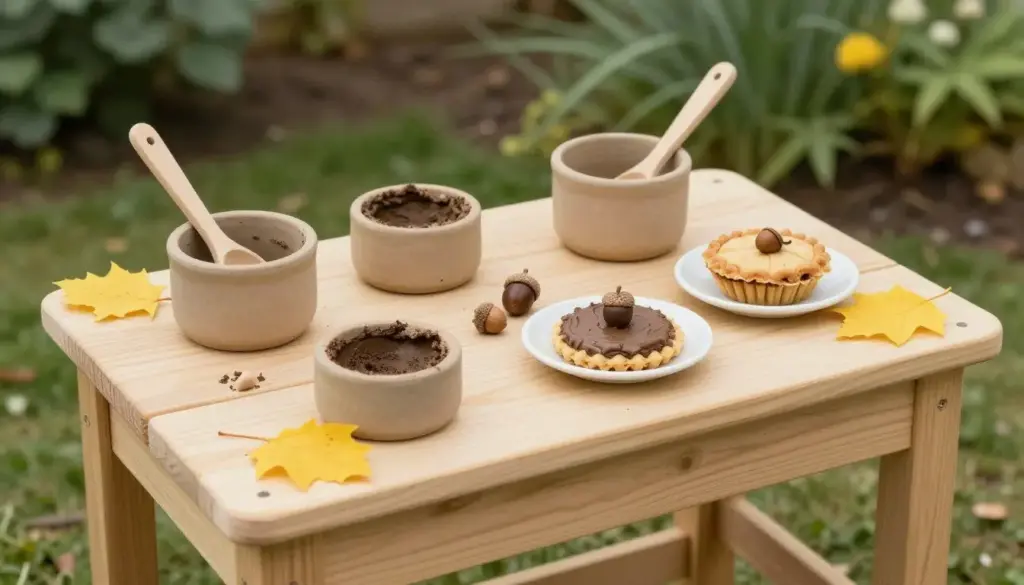 Rustic outdoor mud kitchen with pots, spoons, and mud pies decorated with seeds