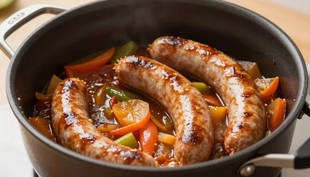 Sausage dishes cooking in one pot