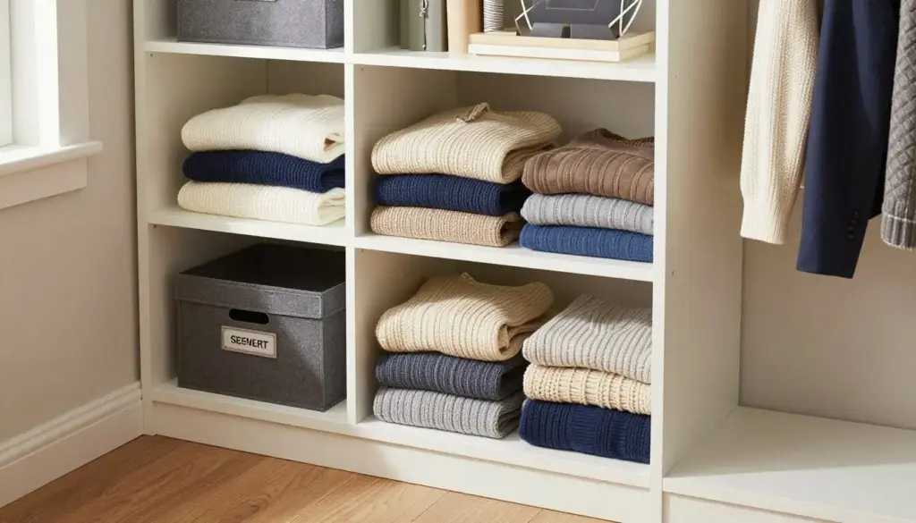 Seasonal clothing stored in labeled closet boxes