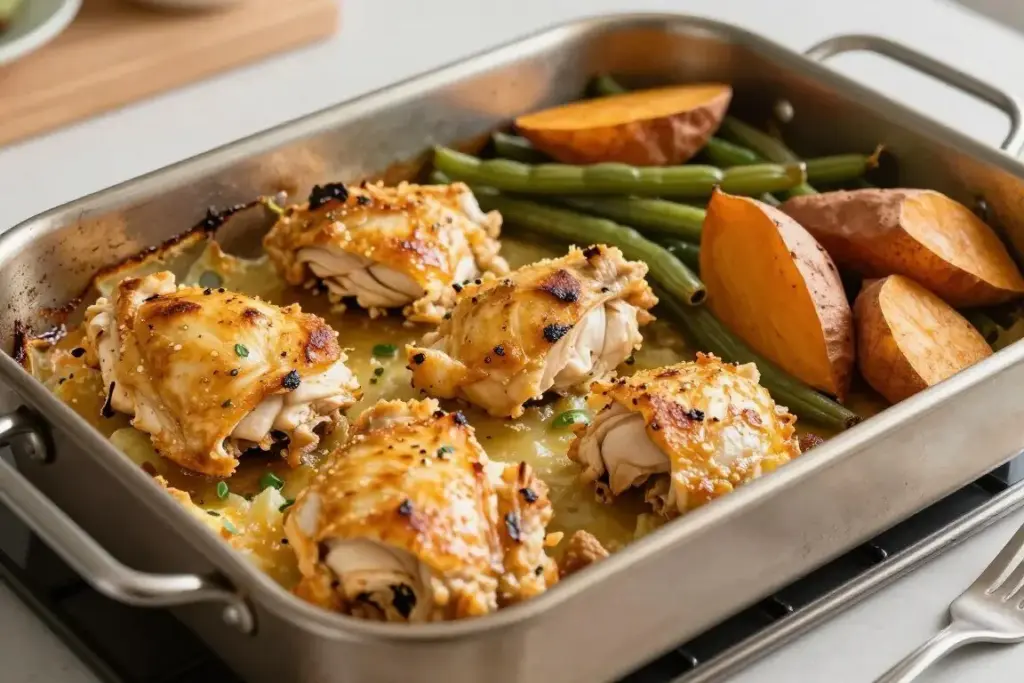 Sheet pan baked chicken with sweet potatoes and green beans Sheet pan baked chicken with sweet potatoes and green beans