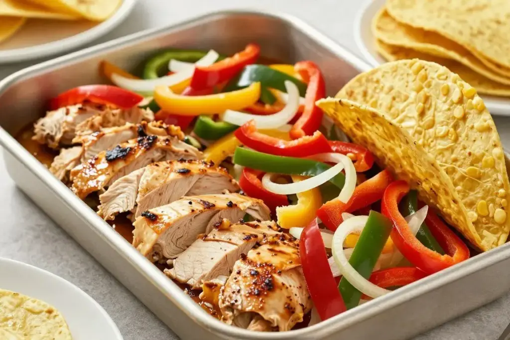 Sheet pan chicken fajitas with peppers and tortillas Sheet pan chicken fajitas with peppers and tortillas