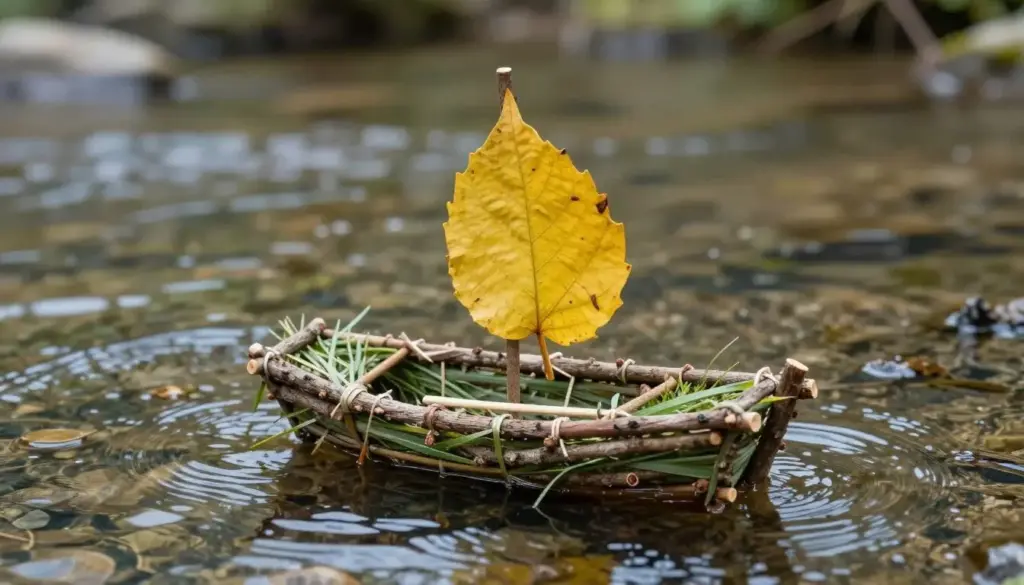 Small boat made of twigs and a yellow leaf sail floating on shallow water