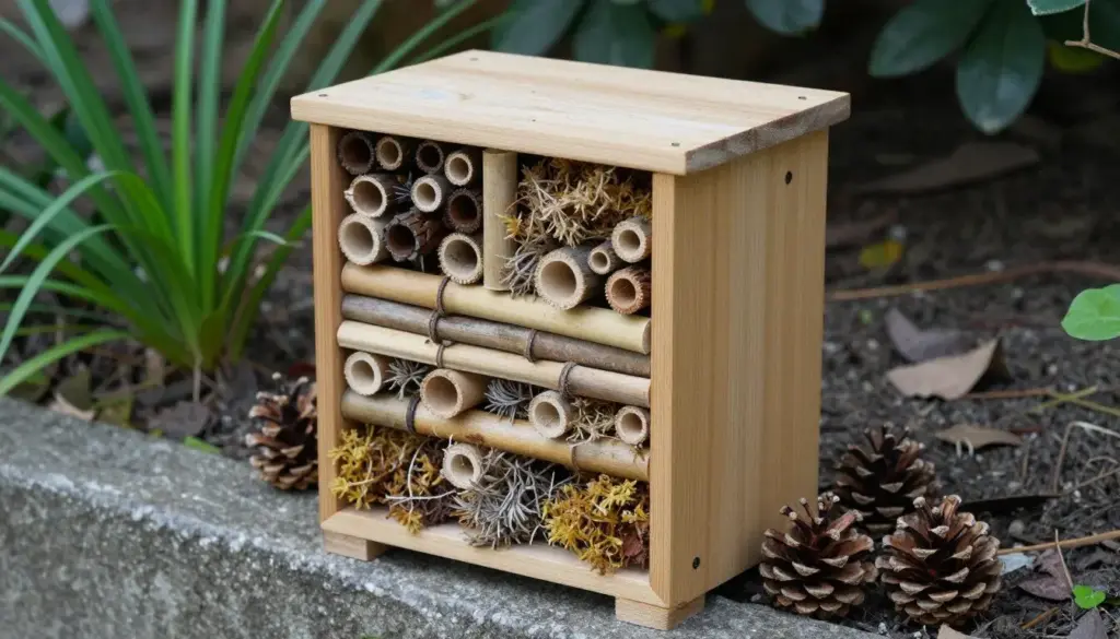 Small homemade bug hotel made from hollow bamboo canes and pine cones