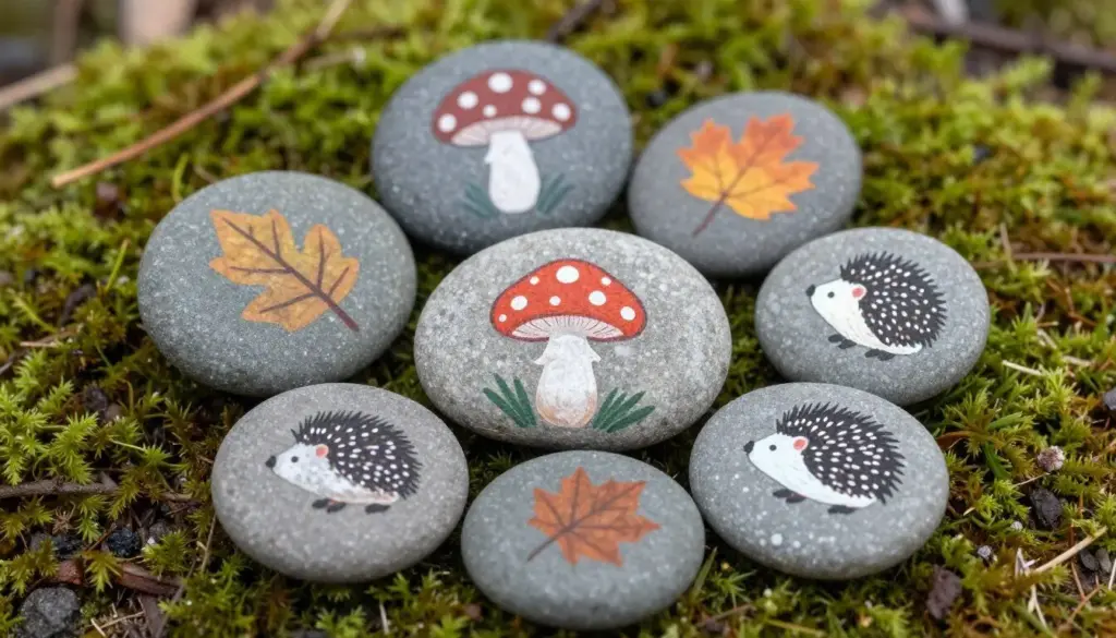 Smooth garden stones painted with autumn motifs such as acorns and mushrooms
