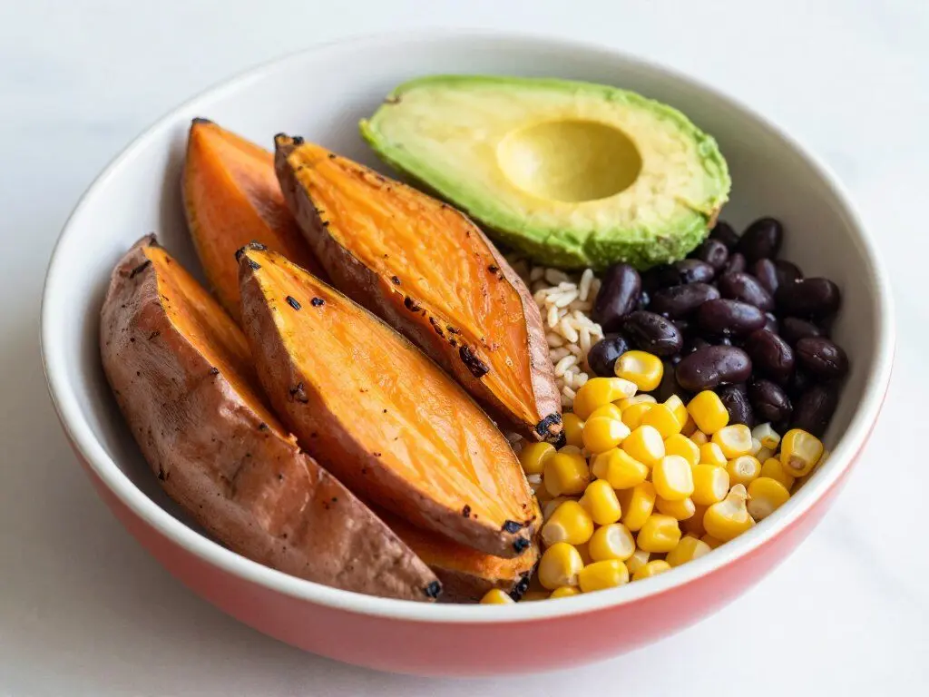 Sweet potatoes and black beans served in a healthy rice bowl Sweet potatoes and black beans served in a healthy rice bowl