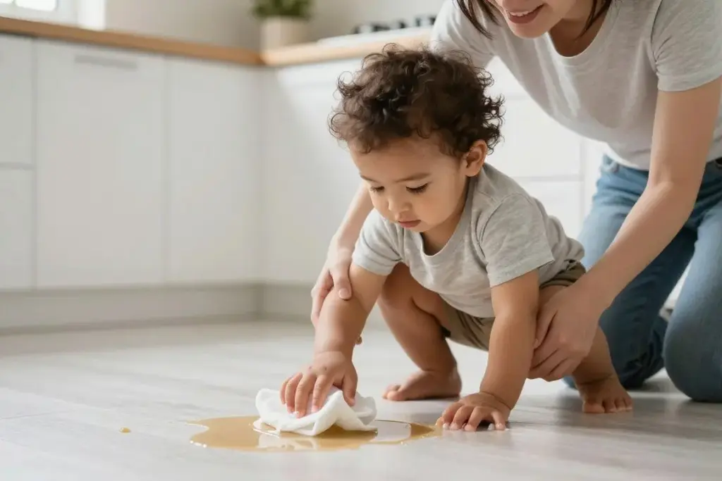 Toddler helping clean up after a small spill