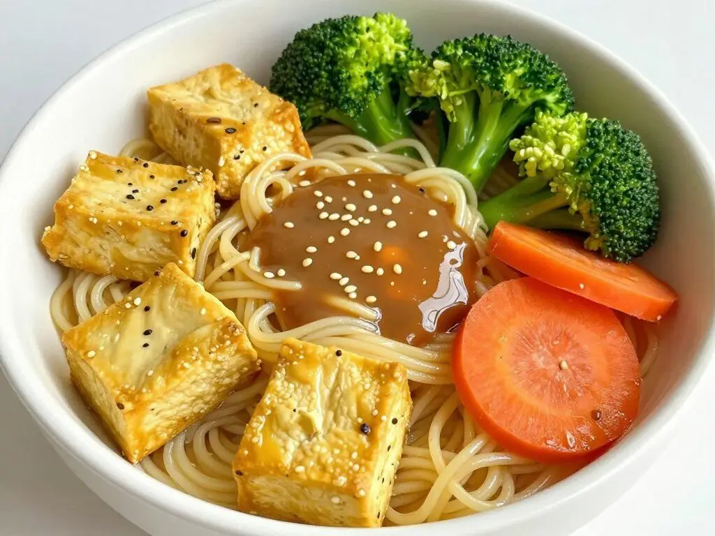 Tofu and vegetable noodle bowl with broccoli and carrots Tofu and vegetable noodle bowl with broccoli and carrots