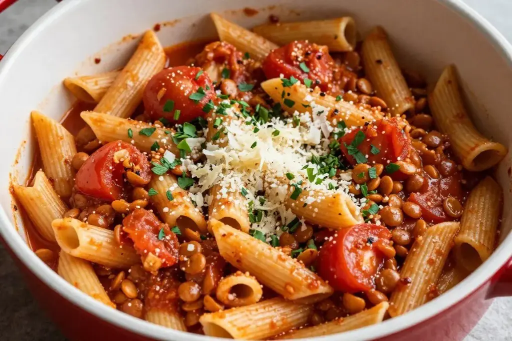 Tomato lentil pasta in one pot