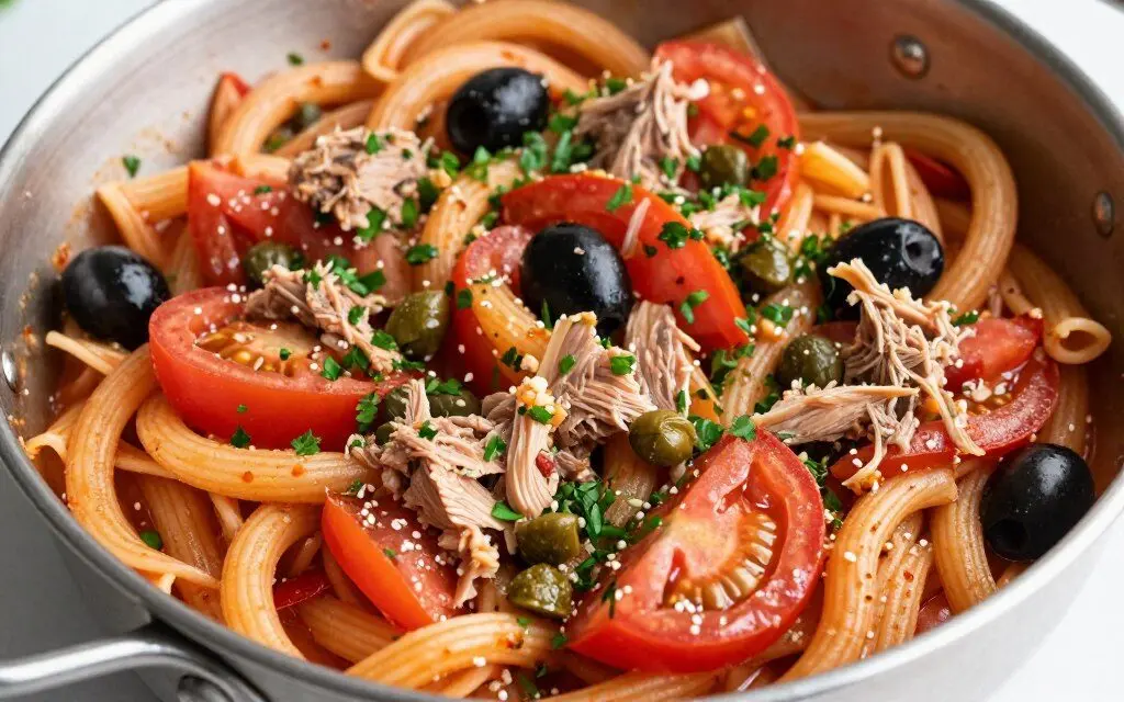 Tomato tuna and olive one pot pasta