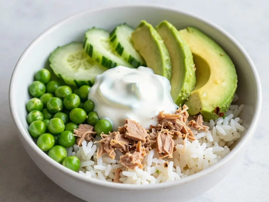 Tuna and pea rice bowl with cucumber and avocado Tuna and pea rice bowl with cucumber and avocado