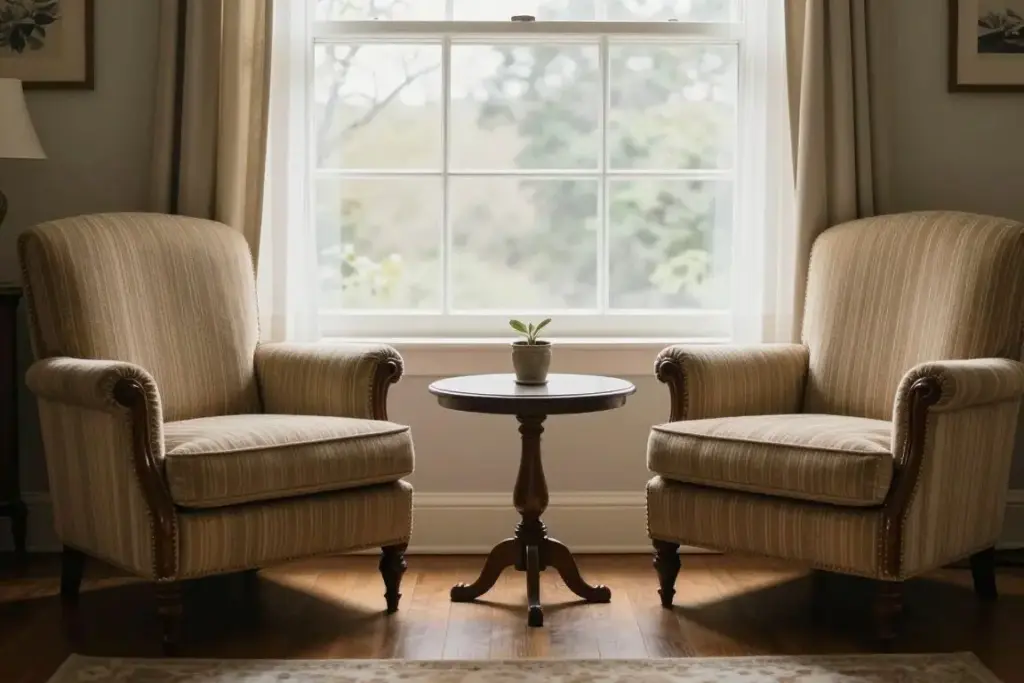 Two comfortable armchairs positioned facing each other beside a window in a warm, welcoming sitting room