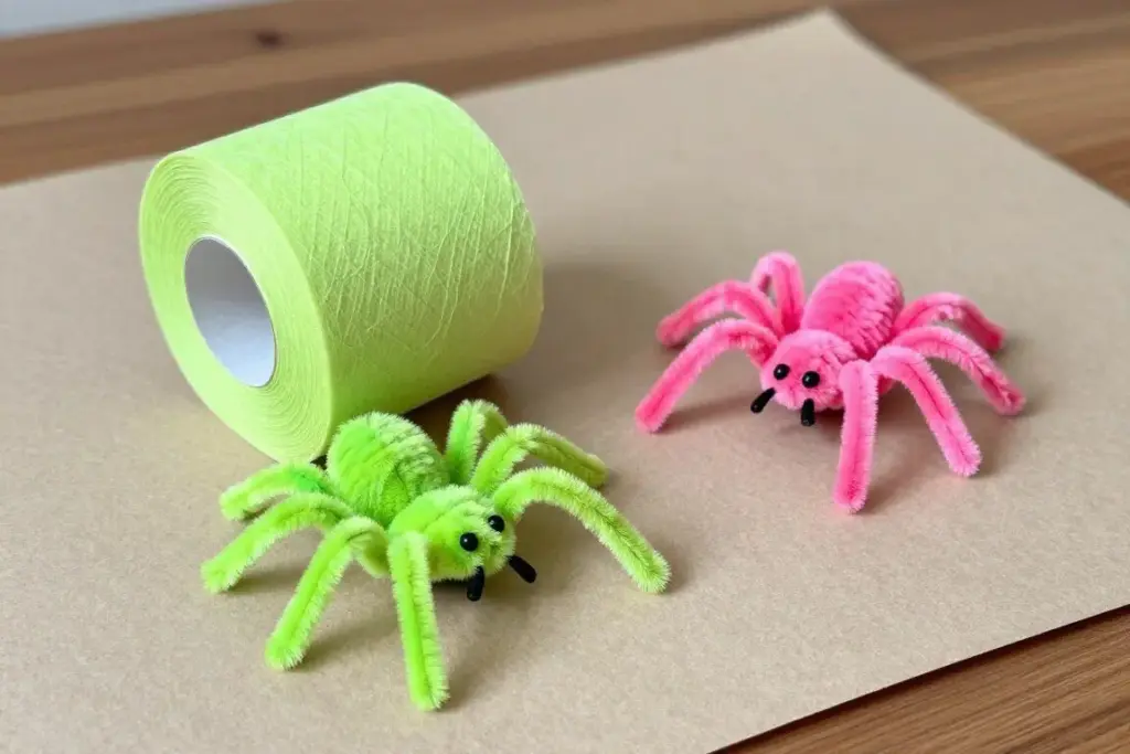 Vibrant neon green and pink paper roll spiders Vibrant neon green and pink paper roll spiders