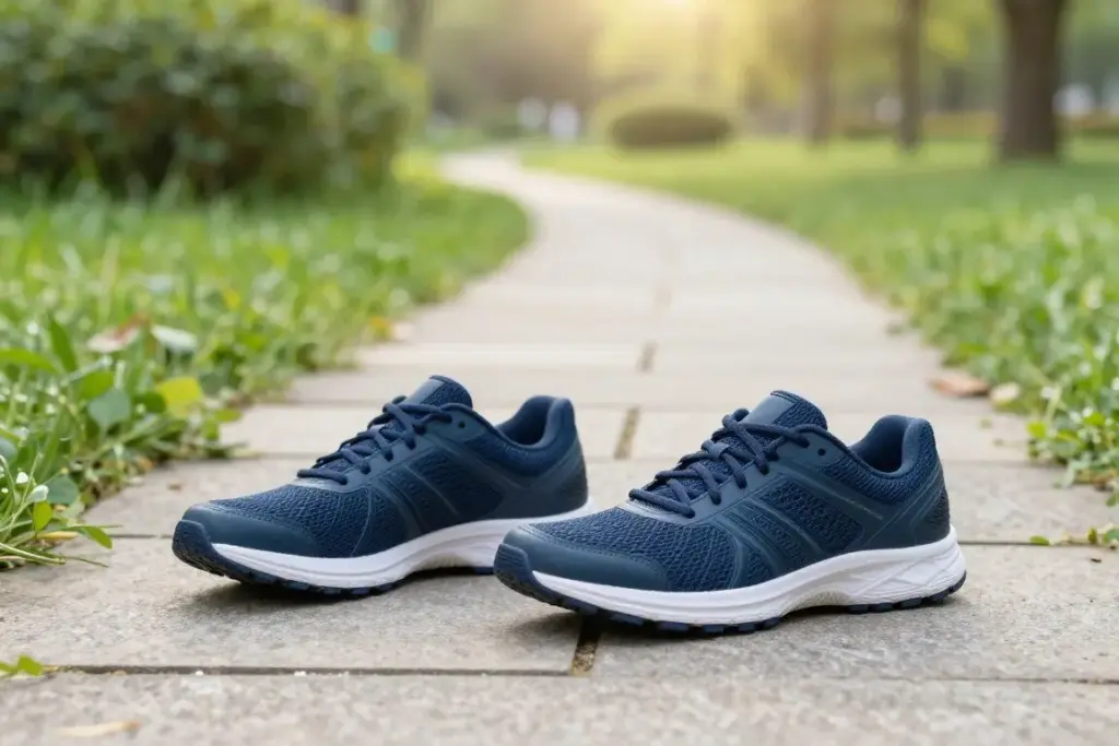 Walking trainers resting on a stone garden path amidst green park surroundings in soft daylight