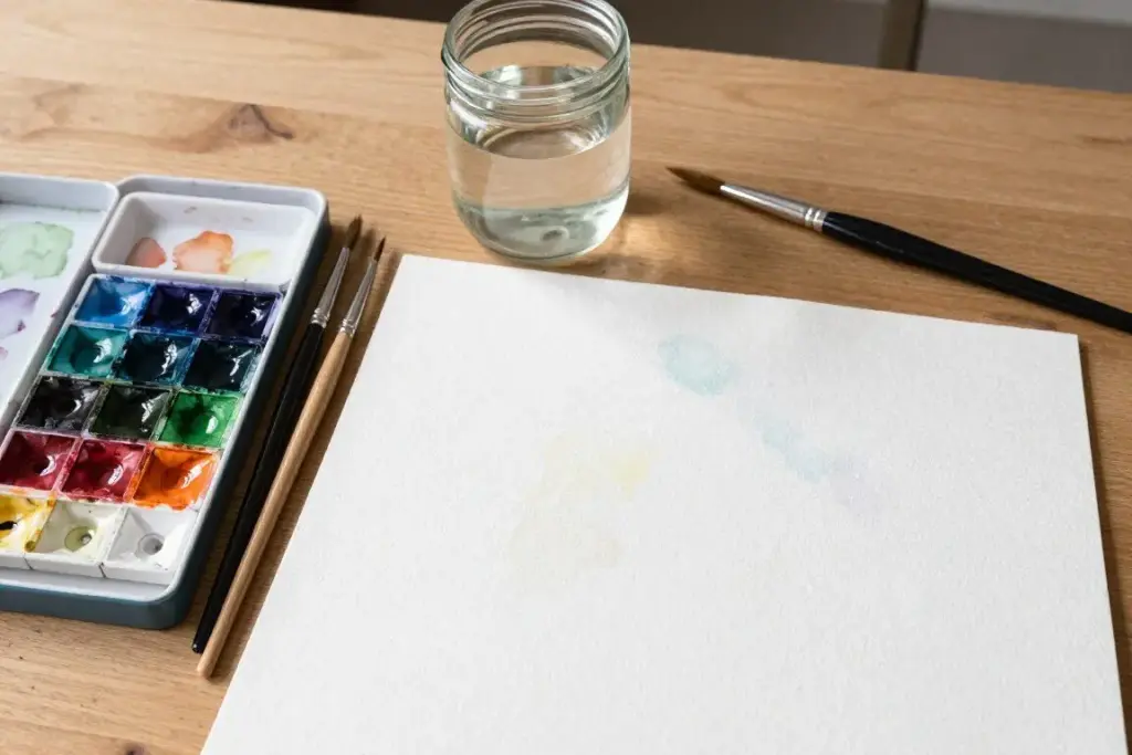 Watercolour paints, natural hair brushes, and a sketchpad with soft washes of green and blue pigment