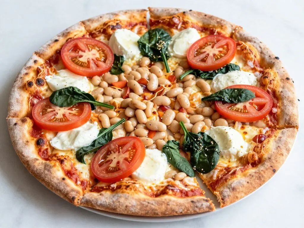 White bean and cheese pizza with spinach on whole-grain crust White bean and cheese pizza with spinach on whole-grain crust