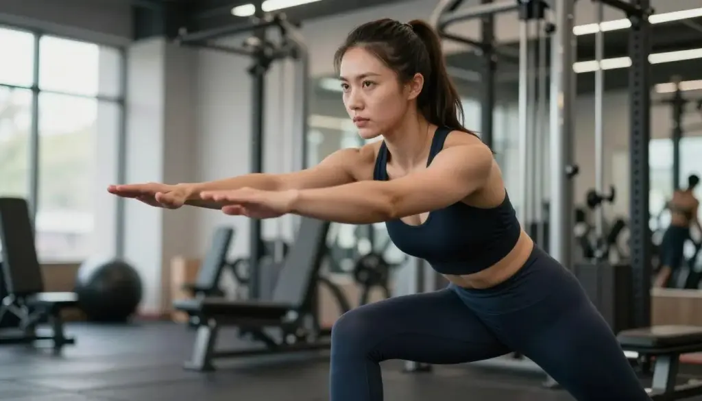 Woman performing dynamic warm-up exercises showing beginners gym tips for woman