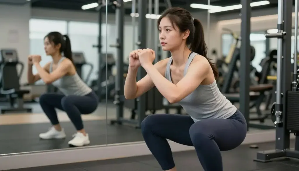 Woman practicing proper squat form with no weights showing beginners gym tips for woman