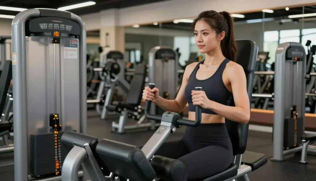 Woman using beginner-friendly gym machines showing beginners gym tips for woman