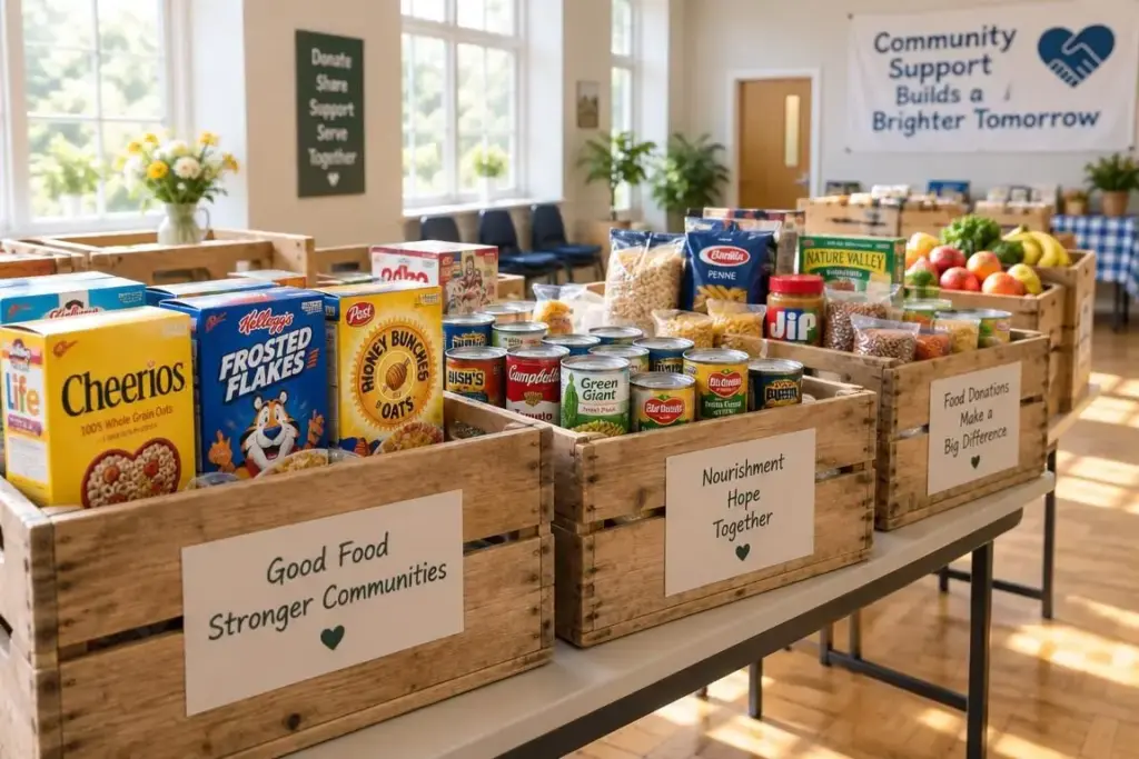 Wooden crates filled with fresh pantry donations and tinned produce in a bright community centre