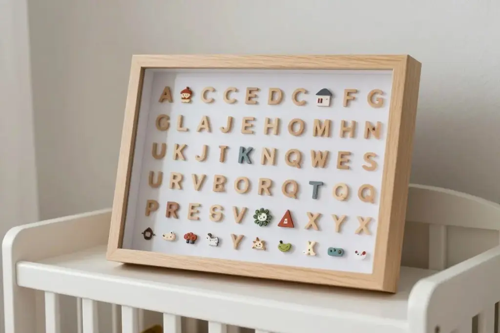 alphabet shadow box with family keepsakes for a nursery