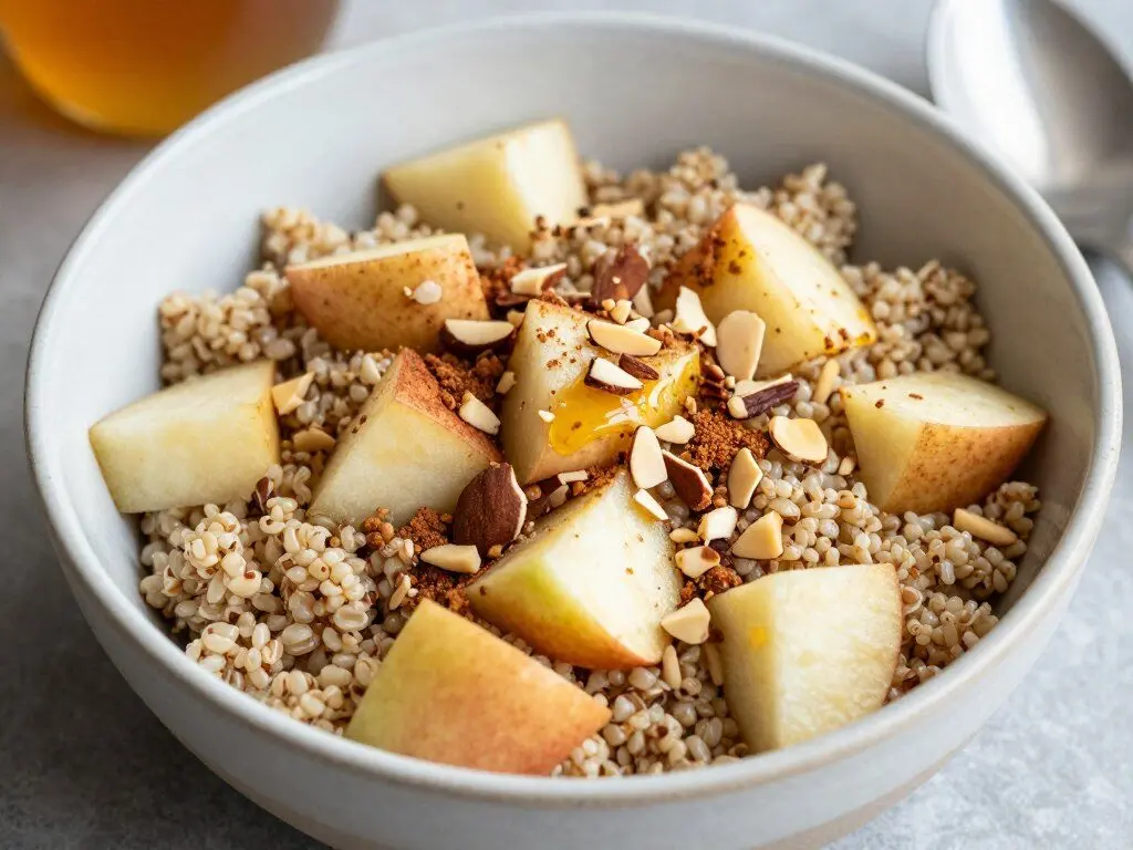 apple cinnamon quinoa breakfast bowl with almonds