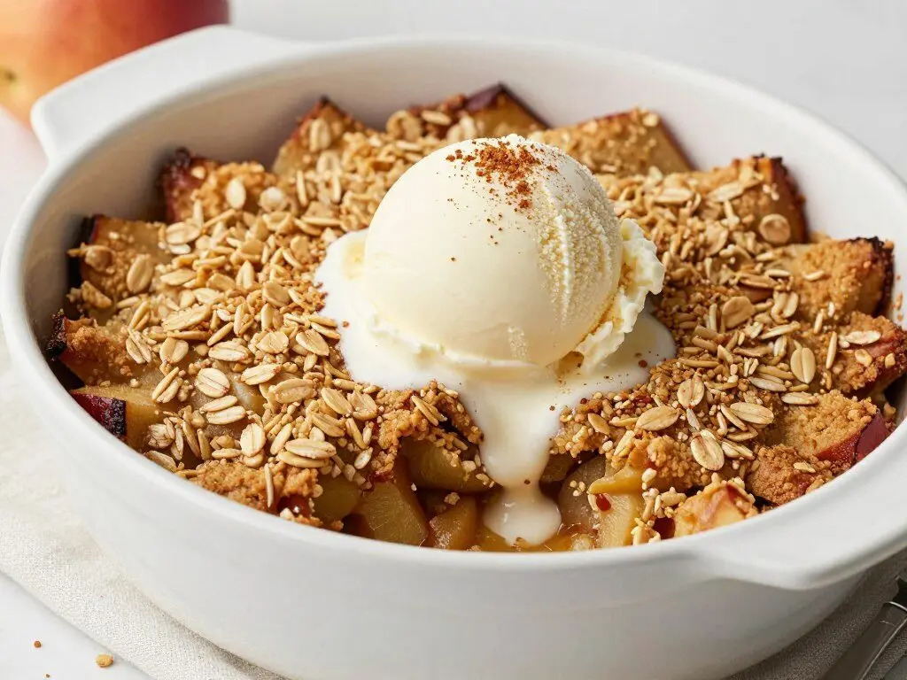 apple crisp with oat topping and ice cream