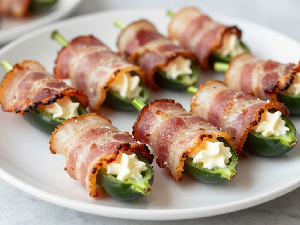 bacon wrapped jalapeno poppers with melted cheese filling