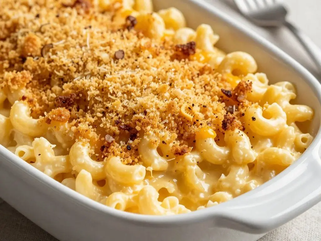 baked mac and cheese with crispy breadcrumb topping