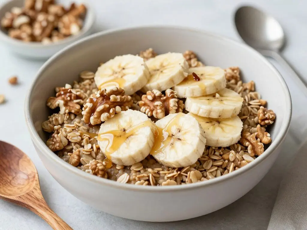 banana nut baked oatmeal with walnut pieces and banana slices