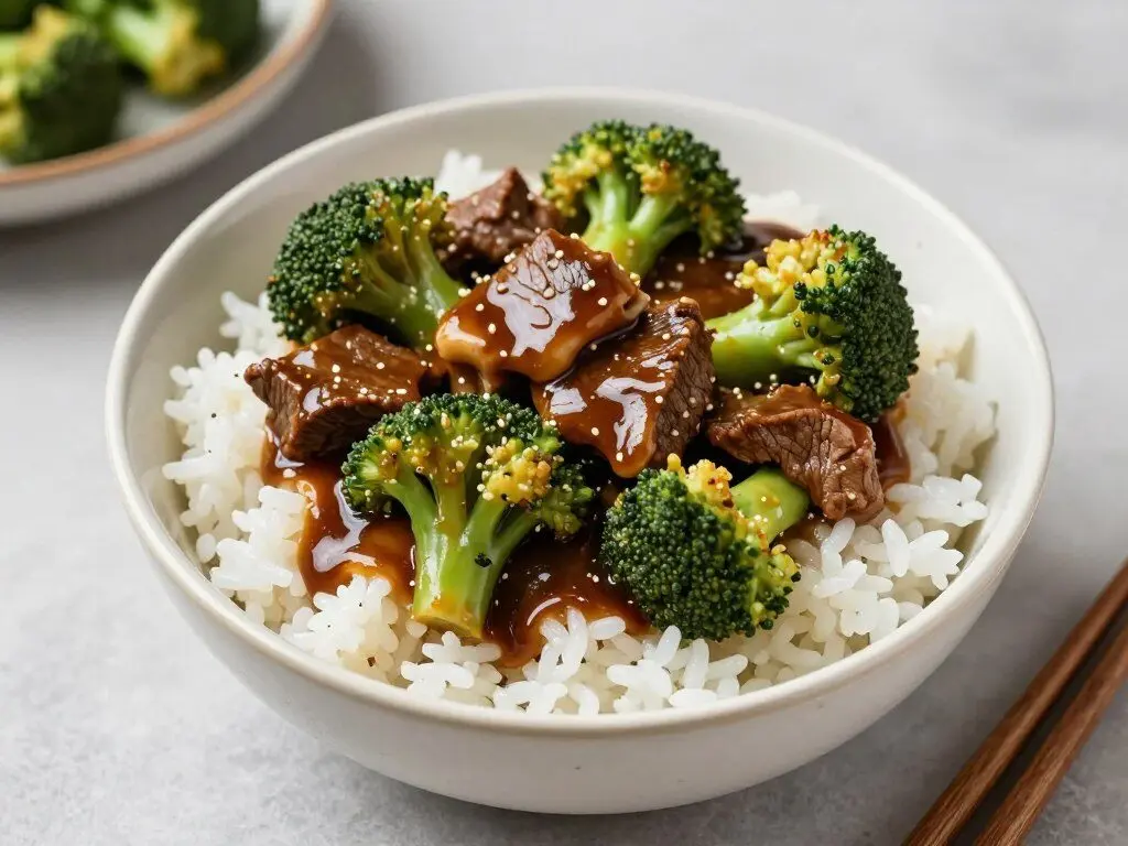 beef and broccoli in brown sauce over rice