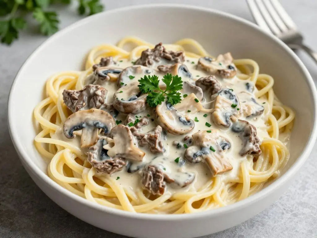 beef stroganoff with mushrooms over egg noodles