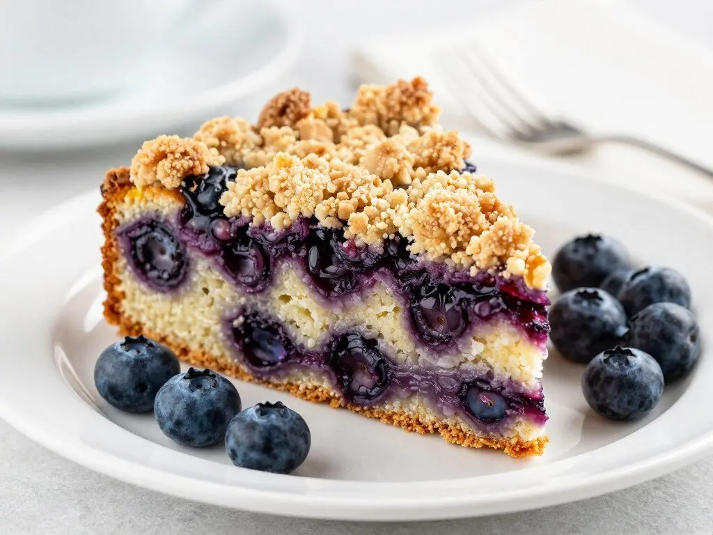 blueberry breakfast cake with streusel topping and fresh berries
