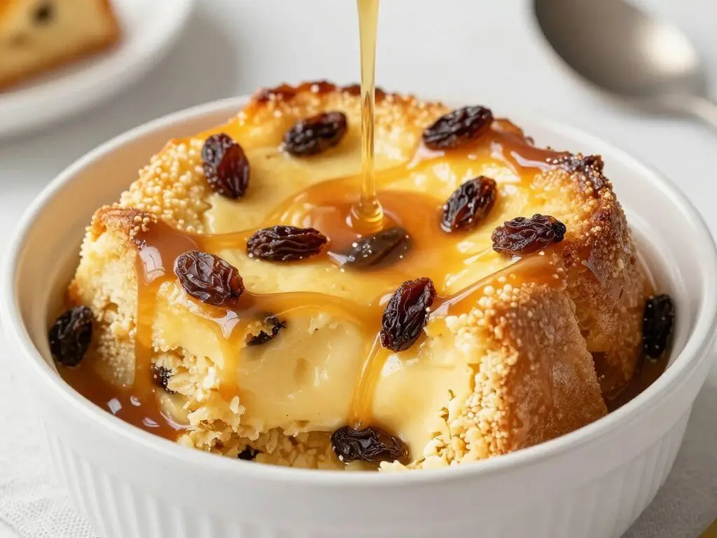 bread pudding with raisins and caramel sauce