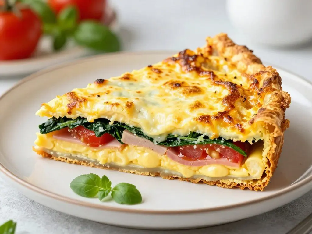 breakfast frittata with golden cheese top and visible vegetables