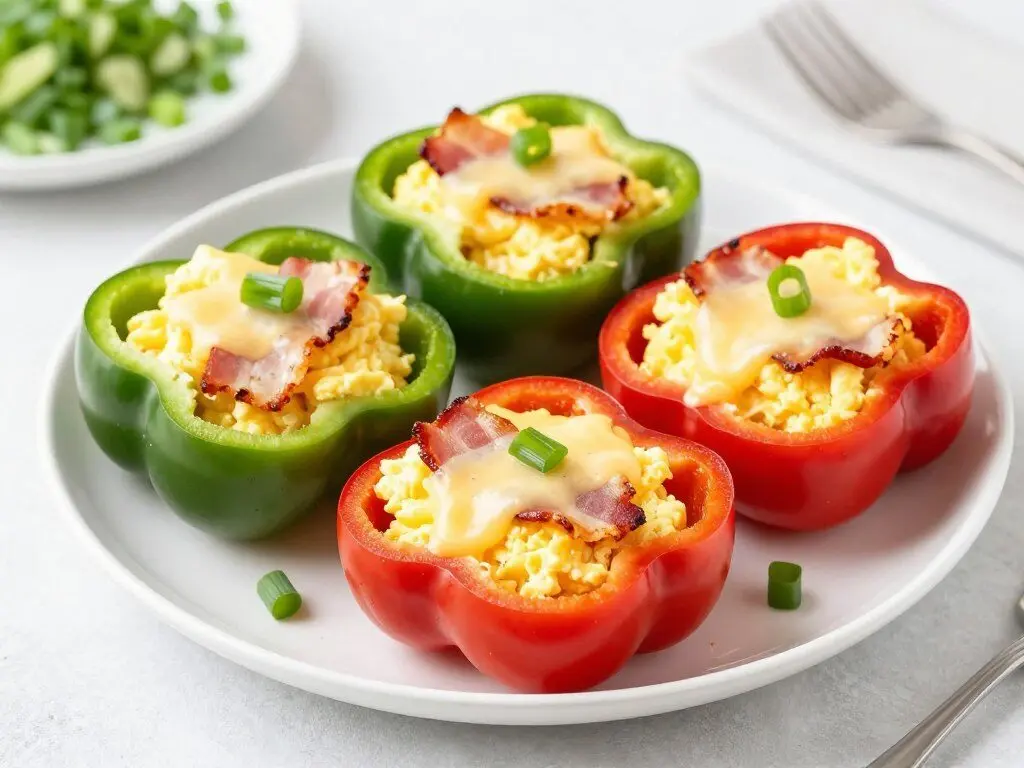 breakfast stuffed peppers with scrambled eggs and melted cheese