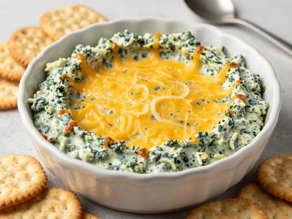 bubbling spinach artichoke dip with golden cheese top